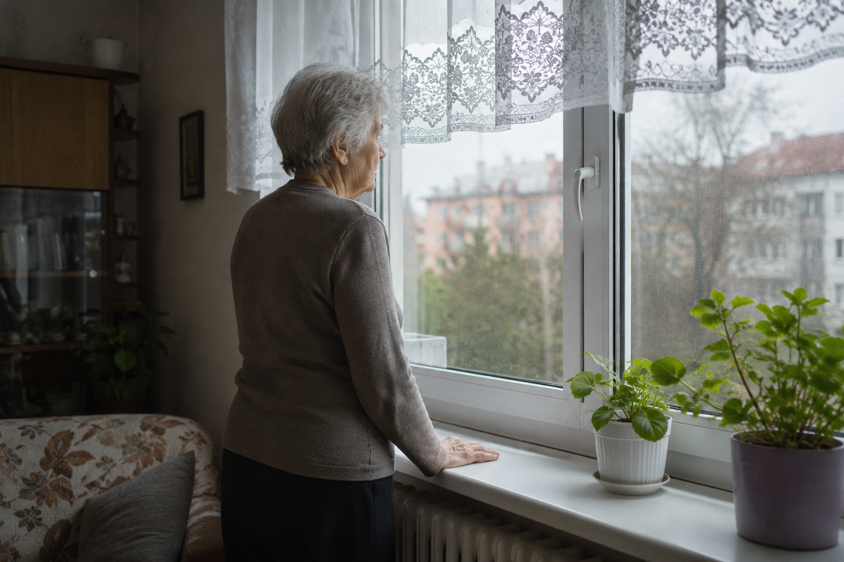An elderly woman gazes out the window with a serious, contemplative expression while standing in her apartment.