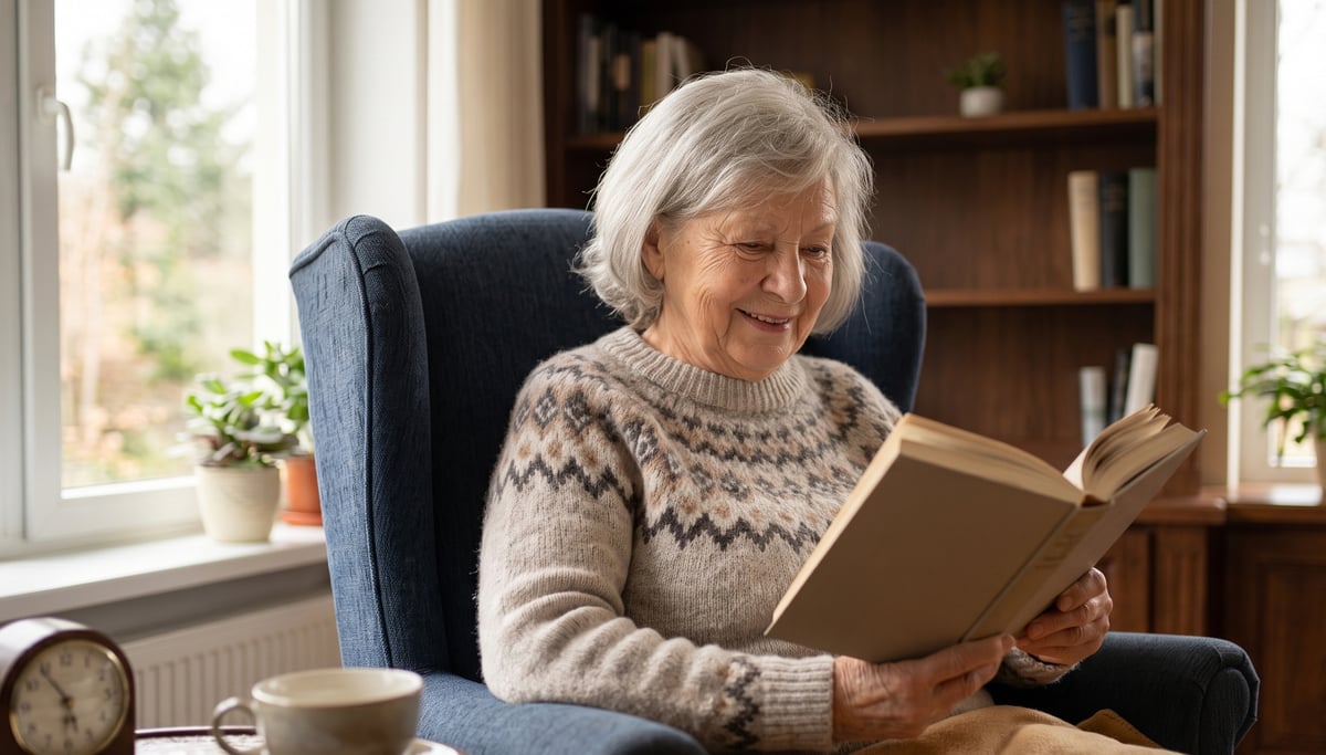 A smiling grandmother sits comfortably in an armchair, reading a book.