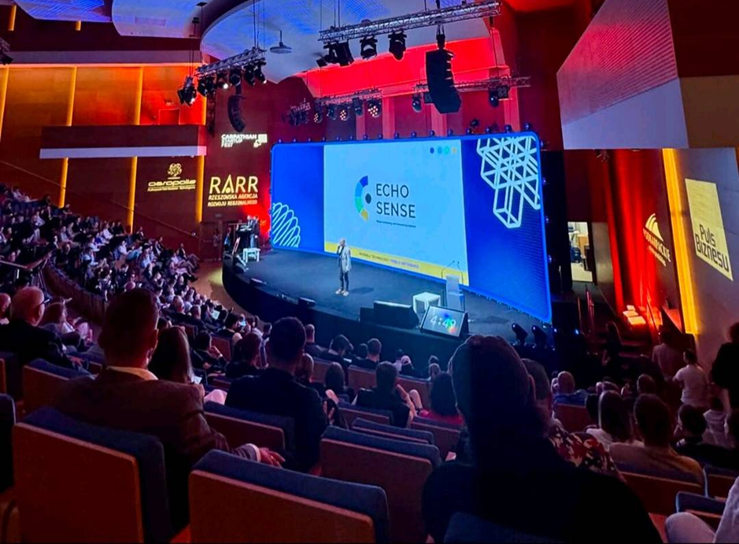 The team behind the Echo Sense project receives the InCredibles mentoring program award on the main stage of Carpathian Startup Fest.