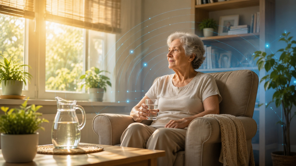 grandma is sitting in a chair alone and drinks water