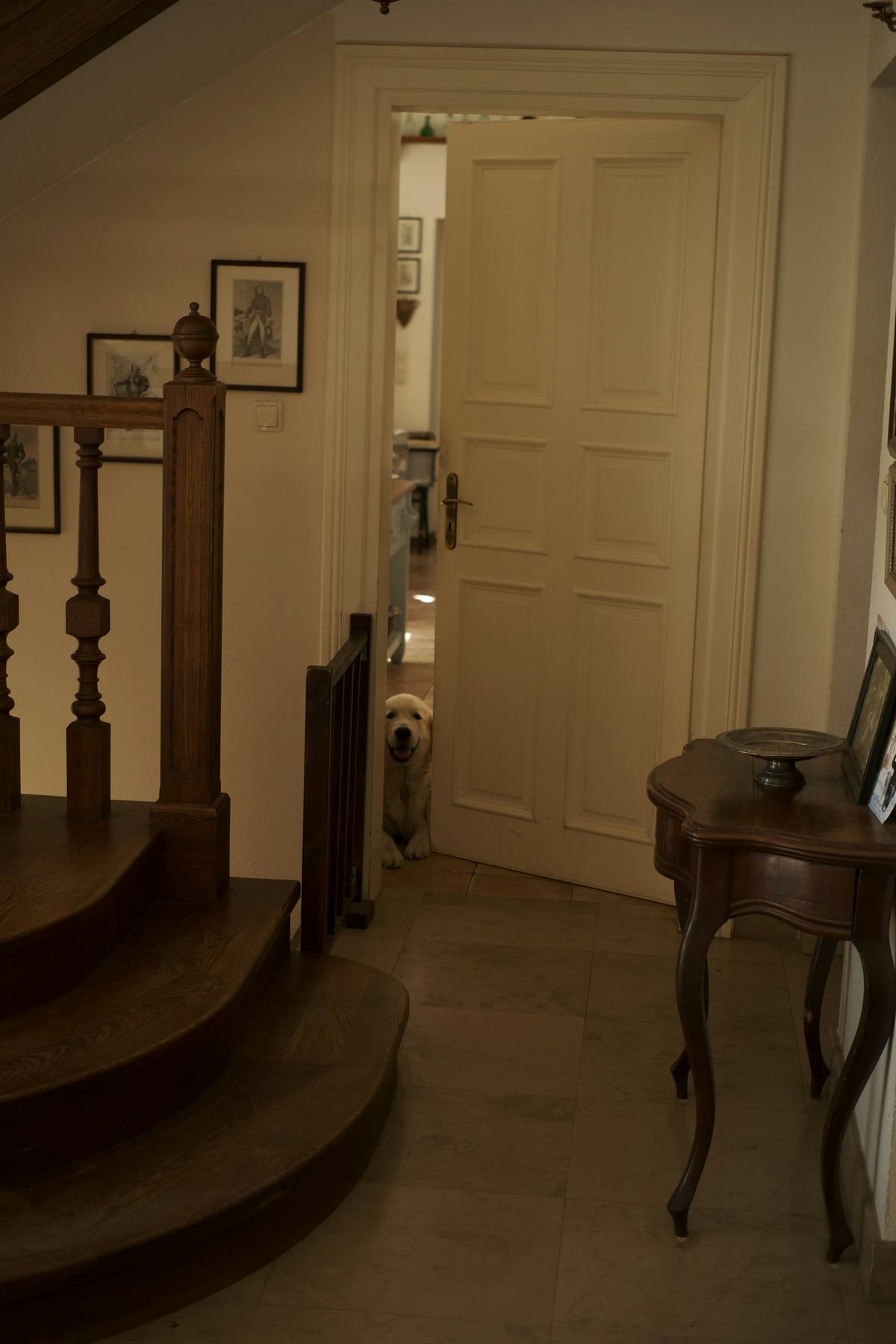 A home hallway with a loose rug and raised threshold that increase trip risk